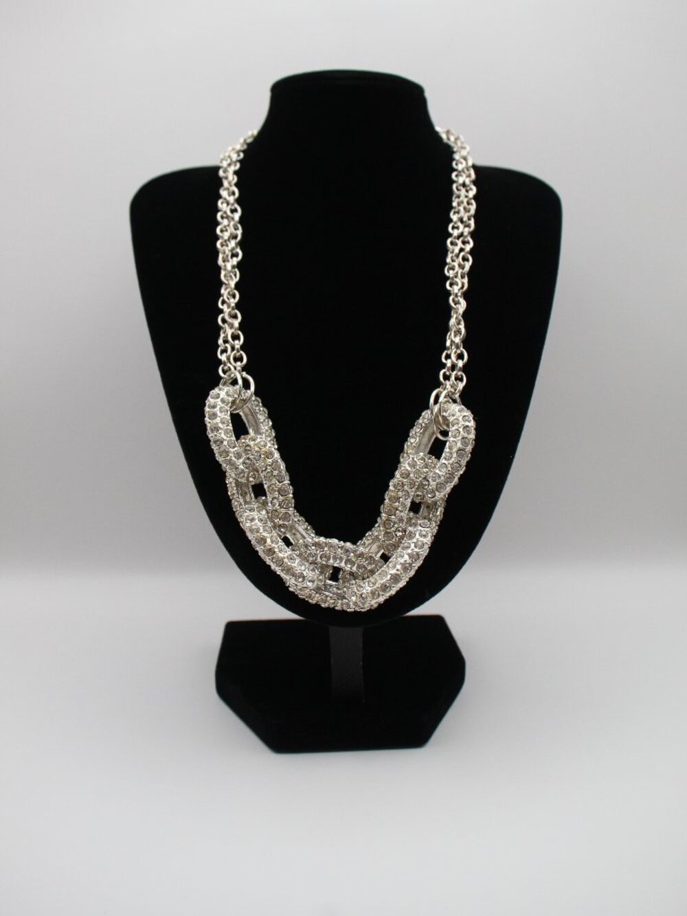 Silver and Rhinestone Chain Link Chunky Necklace Statement Jewelry